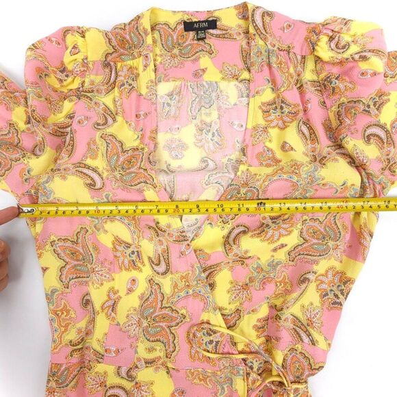 AFRM Hughes Vintage 70's Retro Pink Paisley Puff Sleeve Wrap Mini Dress Medium - Picture 3 of 6